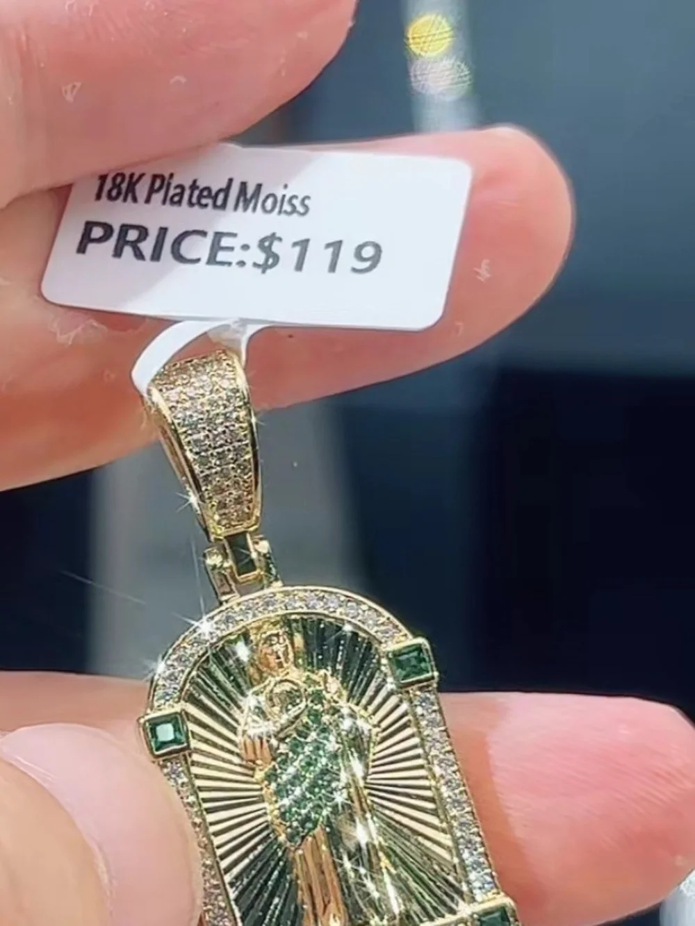 Men's Gold Emerald Jesus Pendant with Rope Chain Necklace